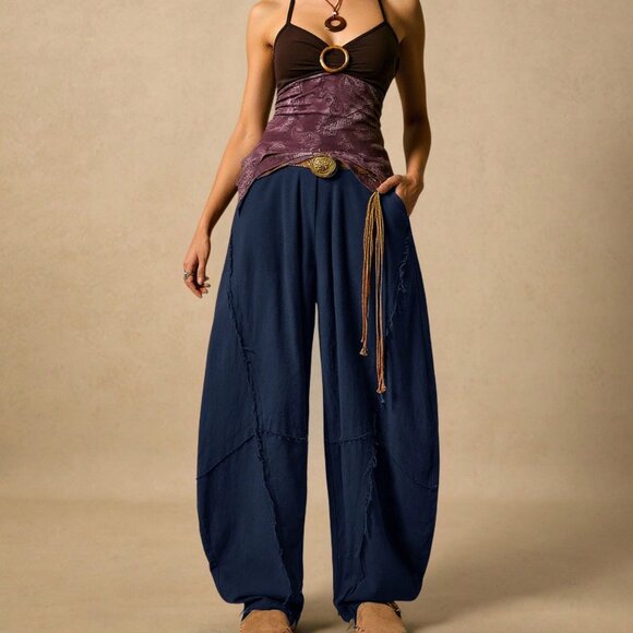 Blue Casual boho Women's Street Chic Minimalist Elastic Waist Side Pocket pants - Picture 2 of 9